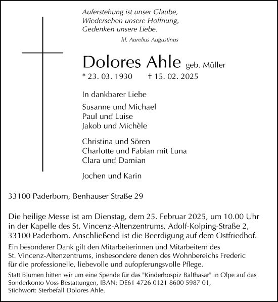 Traueranzeige von Dolores Ahle von Neue Westfälische und Westfalen-Blatt