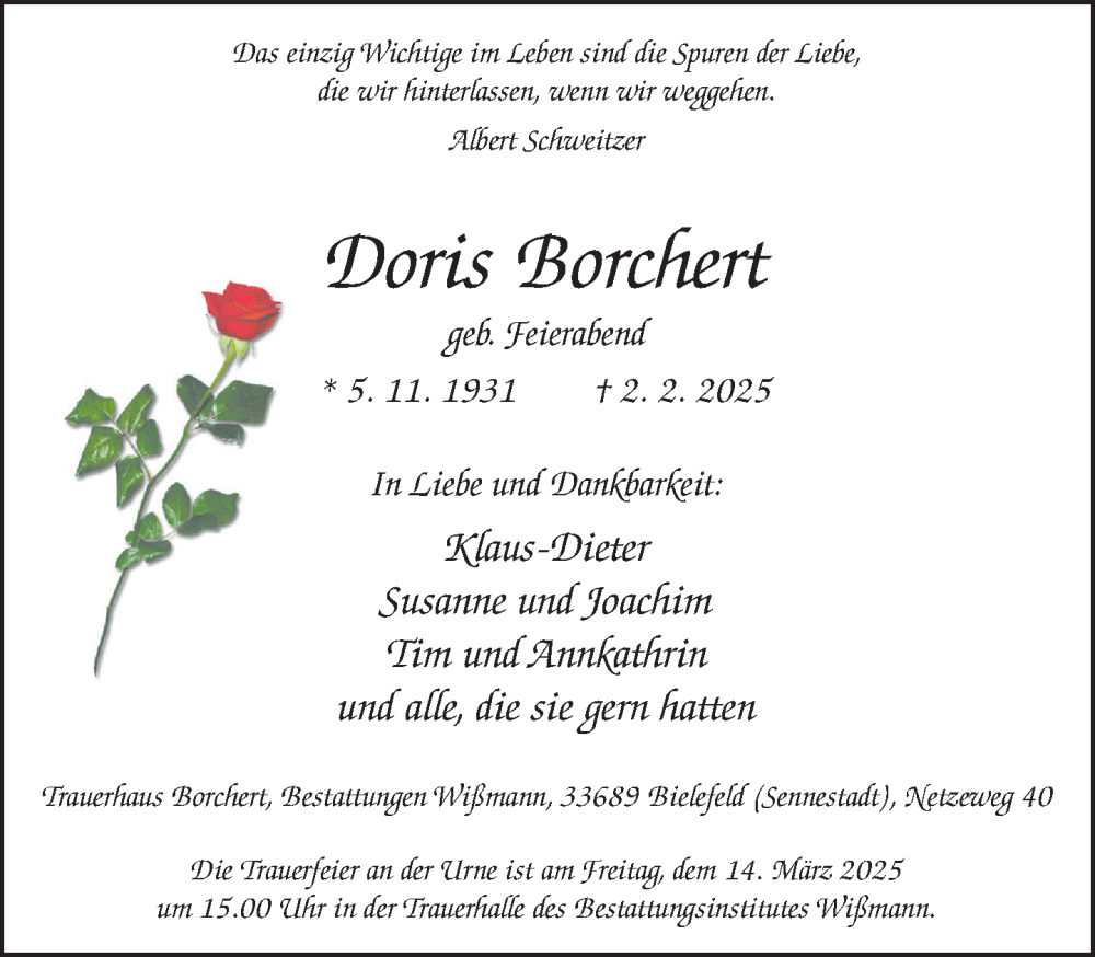  Traueranzeige für Doris Borchert vom 15.02.2025 aus Neue Westfälische und Westfalen-Blatt