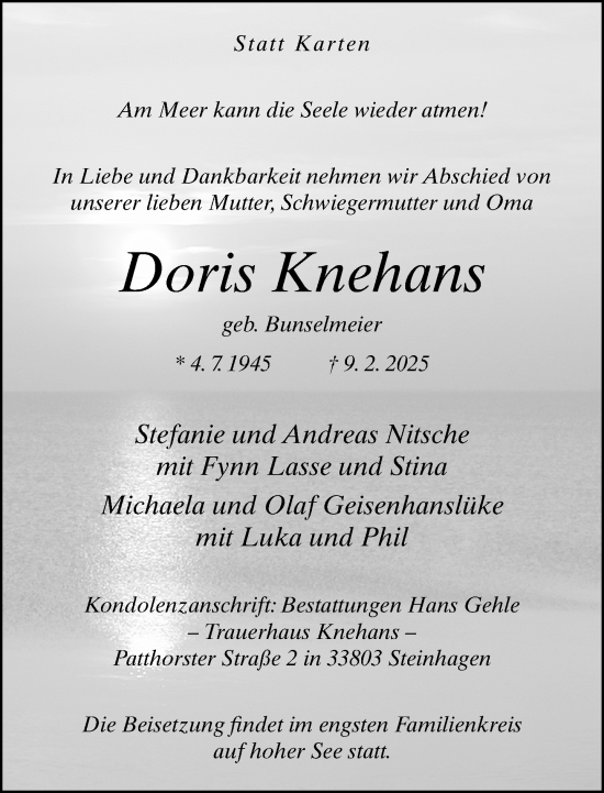 Traueranzeige von Doris Knehans von Neue Westfälische und Westfalen-Blatt