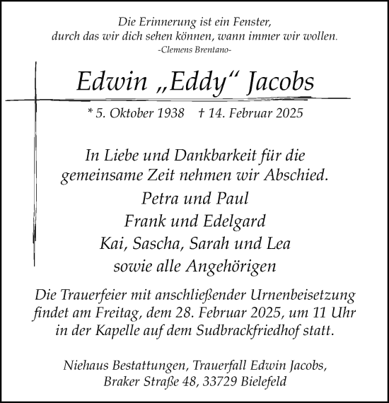 Traueranzeige von Edwin Jacobs von Neue Westfälische und Westfalen-Blatt