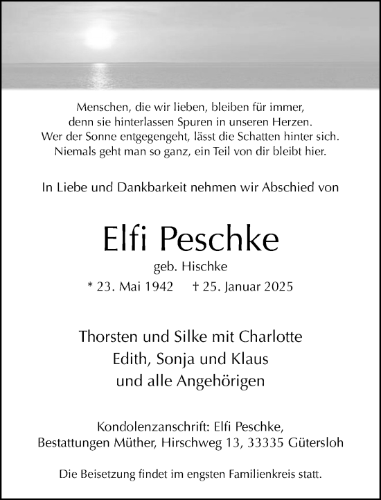 Traueranzeige von Elfi Peschke von Neue Westfälische und Westfalen-Blatt