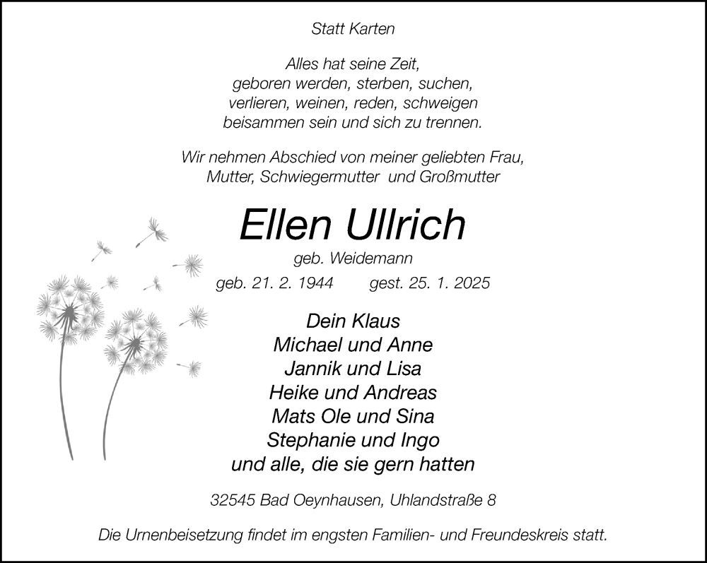  Traueranzeige für Ellen Ullrich vom 01.02.2025 aus Neue Westfälische und Westfalen-Blatt