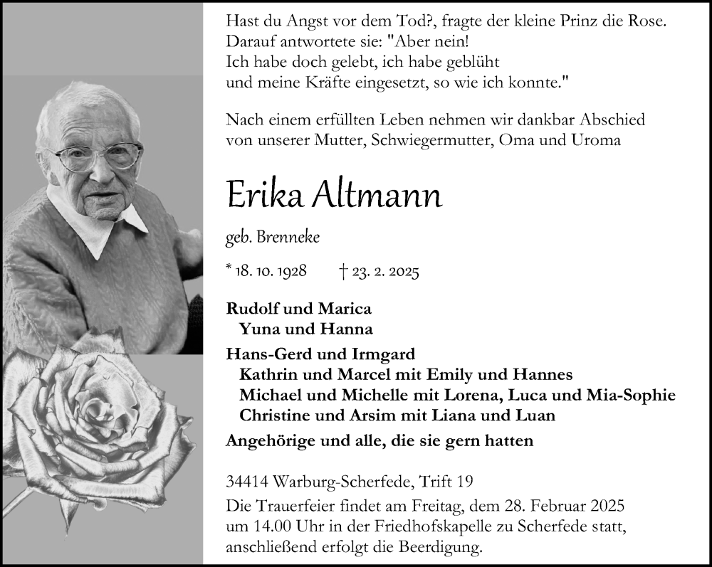 Traueranzeige für Erika Altmann vom 26.02.2025 aus Neue Westfälische und Westfalen-Blatt