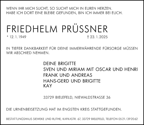 Traueranzeige von Friedhelm Prüssner von Neue Westfälische und Westfalen-Blatt