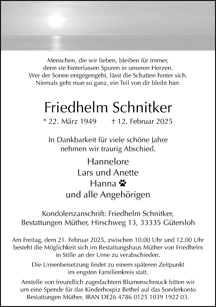  Traueranzeige für Friedhelm Schnitker vom 19.02.2025 aus Neue Westfälische und Westfalen-Blatt