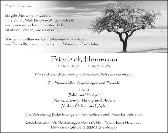 Traueranzeige von Friedrich Heumann von Neue Westfälische und Westfalen-Blatt