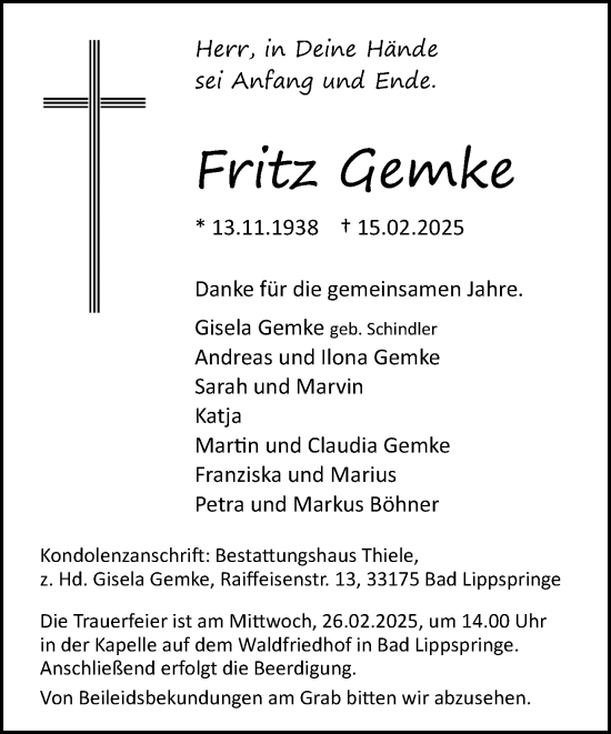 Traueranzeige von Fritz Gemke von Neue Westfälische und Westfalen-Blatt
