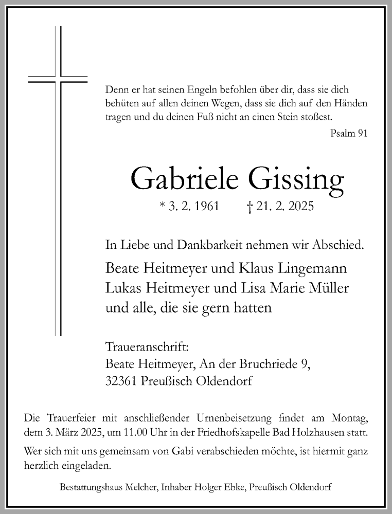  Traueranzeige für Gabriele Gissing vom 26.02.2025 aus Neue Westfälische und Westfalen-Blatt