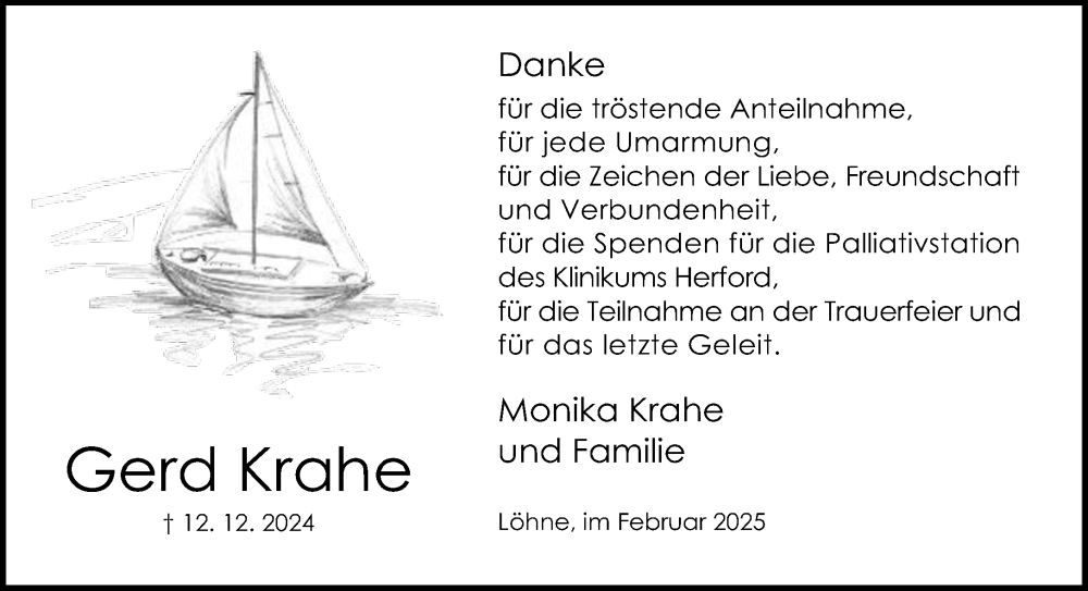  Traueranzeige für Gerd Krahe vom 01.02.2025 aus Neue Westfälische und Westfalen-Blatt
