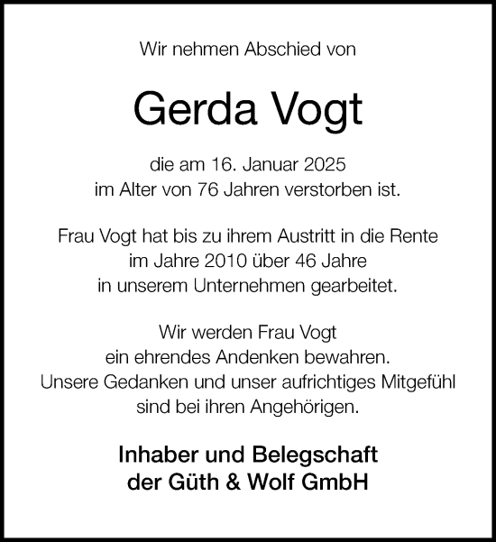 Traueranzeige von Gerda Vogt von Neue Westfälische und Westfalen-Blatt