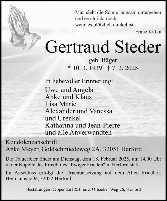 Traueranzeige von Gertraud Steder von Neue Westfälische und Westfalen-Blatt