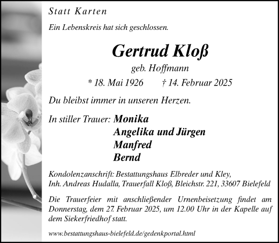 Traueranzeige von Gertrud Kloß von Neue Westfälische und Westfalen-Blatt