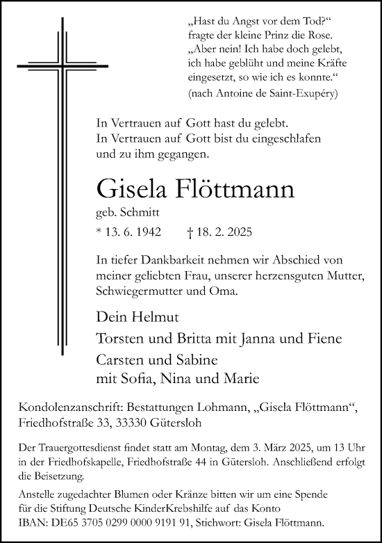 Traueranzeige von Gisela Flöttmann von Neue Westfälische und Westfalen-Blatt