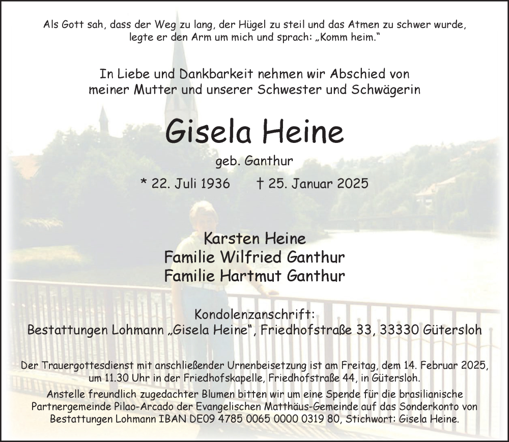  Traueranzeige für Gisela Heine vom 08.02.2025 aus Neue Westfälische und Westfalen-Blatt