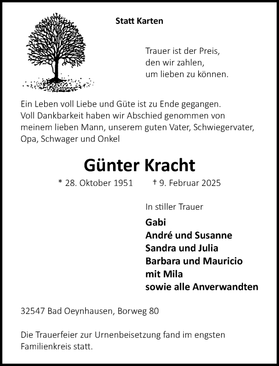 Traueranzeige von Günter Kracht von Neue Westfälische und Westfalen-Blatt