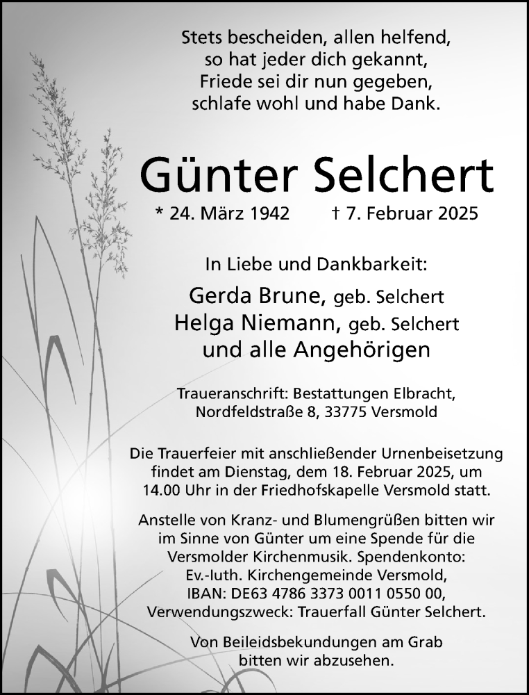  Traueranzeige für Günter Selchert vom 15.02.2025 aus Neue Westfälische und Westfalen-Blatt