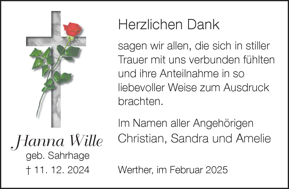  Traueranzeige für Hanna Wille vom 01.02.2025 aus Neue Westfälische und Westfalen-Blatt