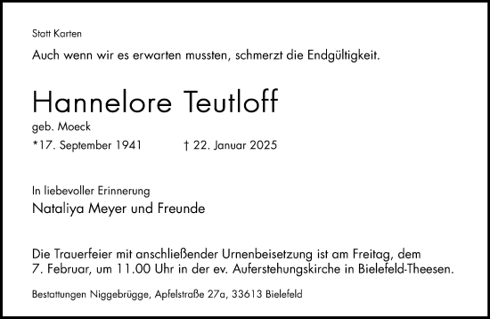 Traueranzeige von Hannelore Teutloff von Neue Westfälische und Westfalen-Blatt