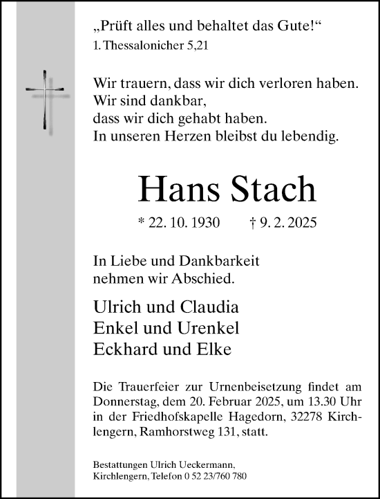 Traueranzeige von Hans Stach von Neue Westfälische und Westfalen-Blatt