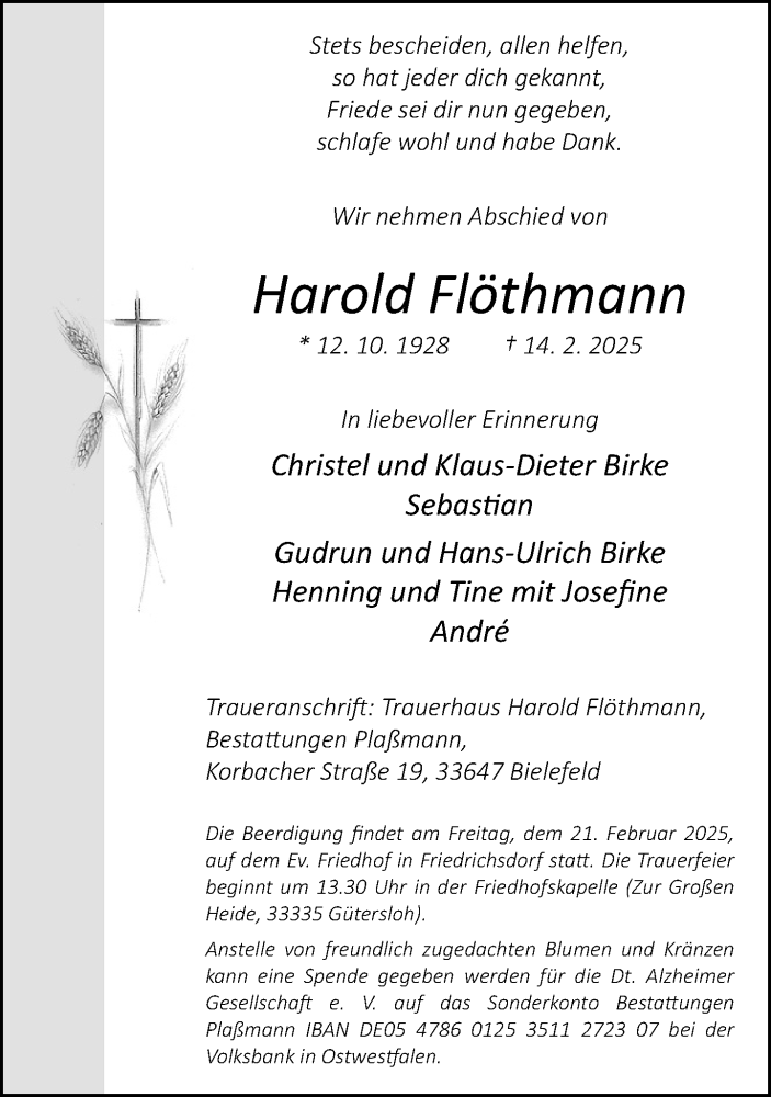  Traueranzeige für Harold Flöthmann vom 19.02.2025 aus Neue Westfälische und Westfalen-Blatt