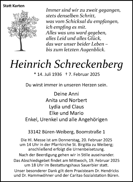 Traueranzeige von Heinrich Schreckenberg von Neue Westfälische und Westfalen-Blatt