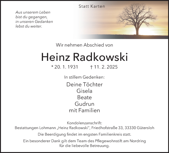 Traueranzeige von Heinz Radkowski von Neue Westfälische und Westfalen-Blatt