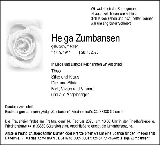 Traueranzeige von Helga Zumbansen von Neue Westfälische und Westfalen-Blatt