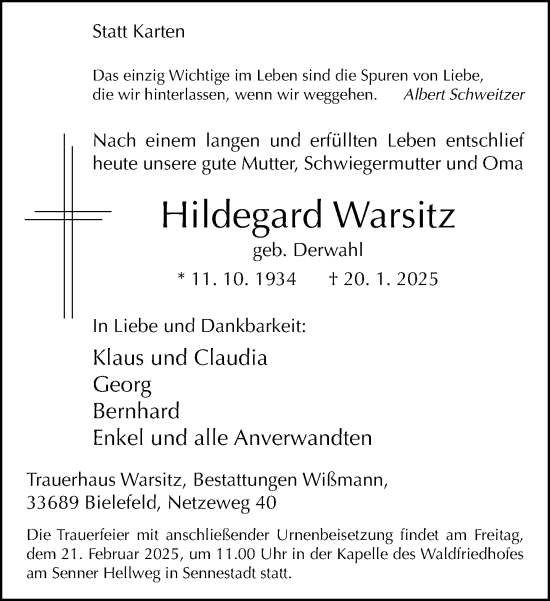Traueranzeige von Hildegard Warsitz von Neue Westfälische und Westfalen-Blatt