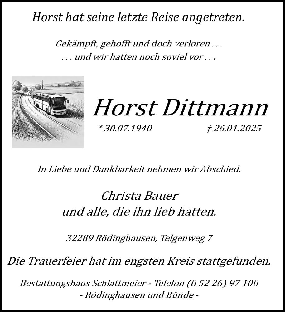  Traueranzeige für Horst Dittmann vom 01.02.2025 aus Neue Westfälische und Westfalen-Blatt