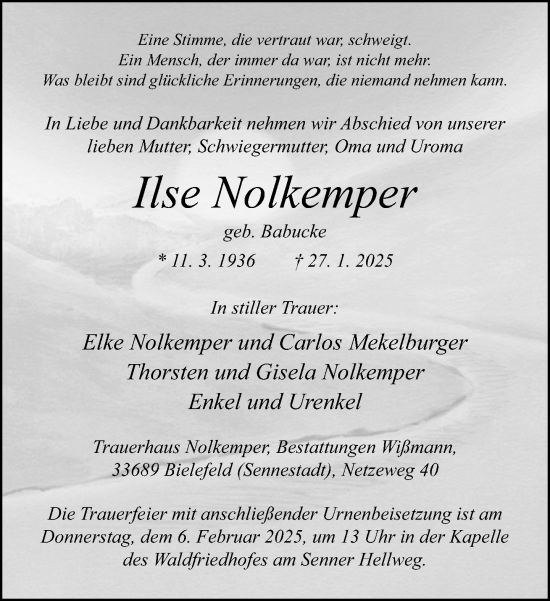 Traueranzeige von Ilse Nolkemper von Neue Westfälische und Westfalen-Blatt