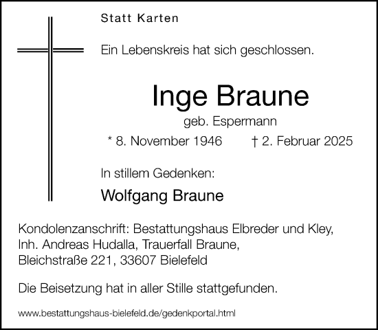 Traueranzeige von Inge Braune von Neue Westfälische und Westfalen-Blatt