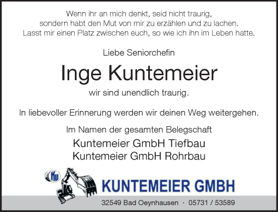 Traueranzeige von Inge Kuntemeier von Neue Westfälische und Westfalen-Blatt