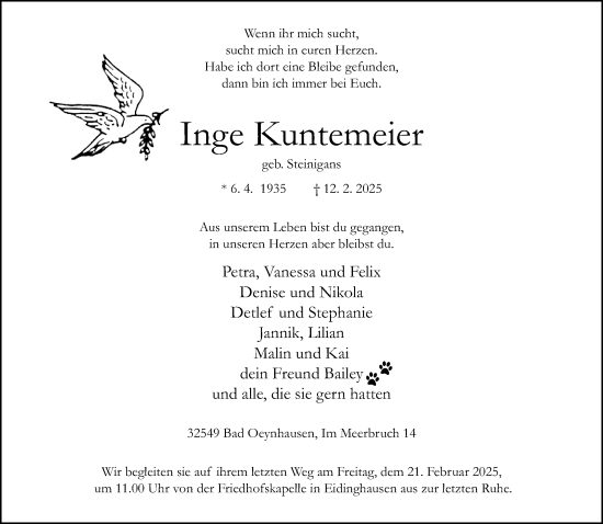 Traueranzeige von Inge Kuntemeier von Neue Westfälische und Westfalen-Blatt