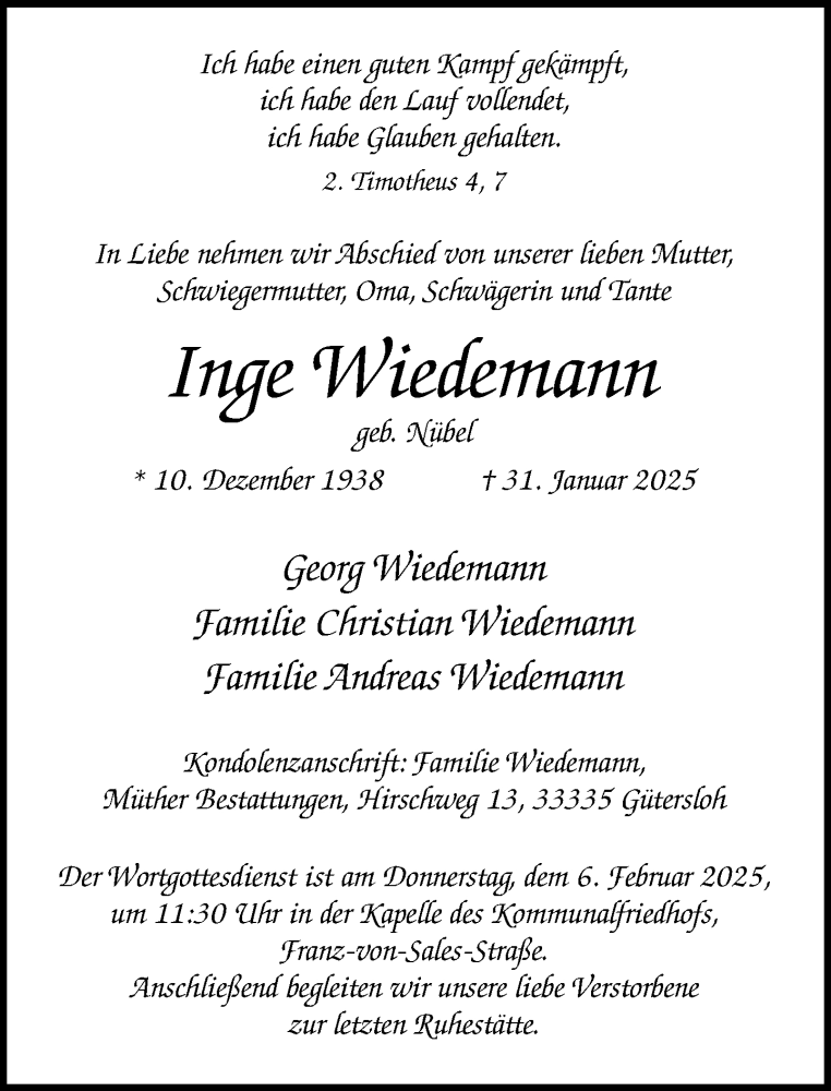  Traueranzeige für Inge Wiedemann vom 04.02.2025 aus Neue Westfälische und Westfalen-Blatt