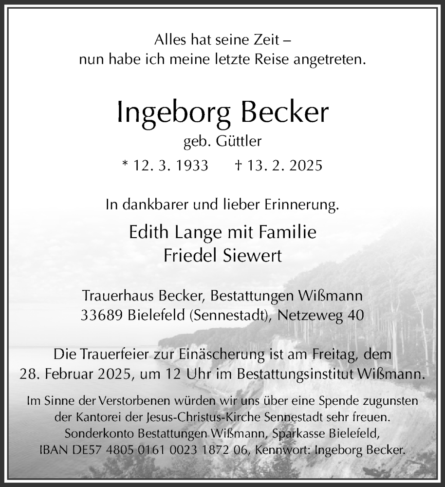  Traueranzeige für Ingeborg Becker vom 22.02.2025 aus Neue Westfälische und Westfalen-Blatt