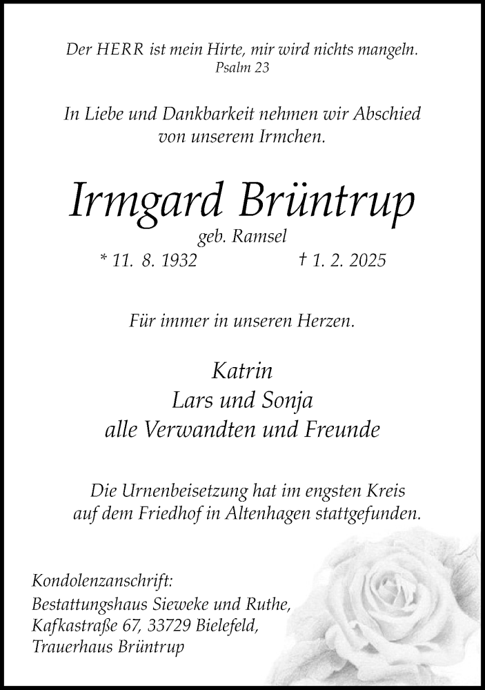  Traueranzeige für Irmgard Brüntrup vom 15.02.2025 aus Neue Westfälische und Westfalen-Blatt