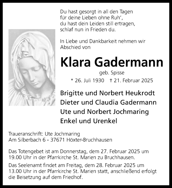 Traueranzeige von Klara Gadermann von Neue Westfälische und Westfalen-Blatt