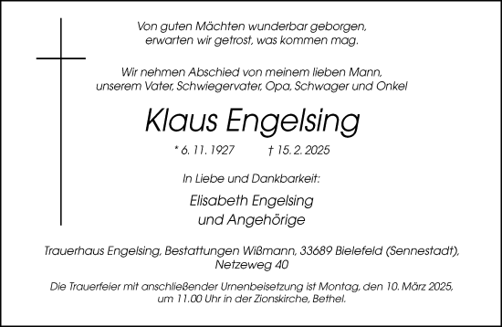 Traueranzeige von Klaus Engelsing von Neue Westfälische und Westfalen-Blatt