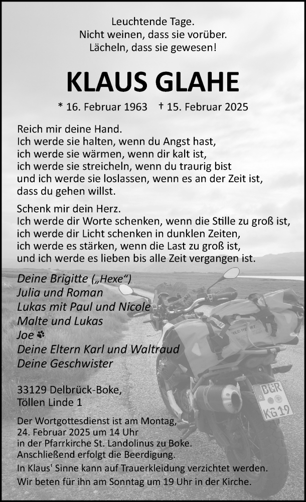  Traueranzeige für Klaus Glahe vom 19.02.2025 aus Neue Westfälische und Westfalen-Blatt
