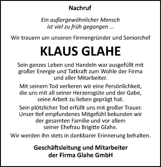 Traueranzeige von Klaus Glahe von Neue Westfälische und Westfalen-Blatt