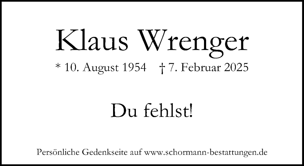  Traueranzeige für Klaus Wrenger vom 13.02.2025 aus Neue Westfälische und Westfalen-Blatt