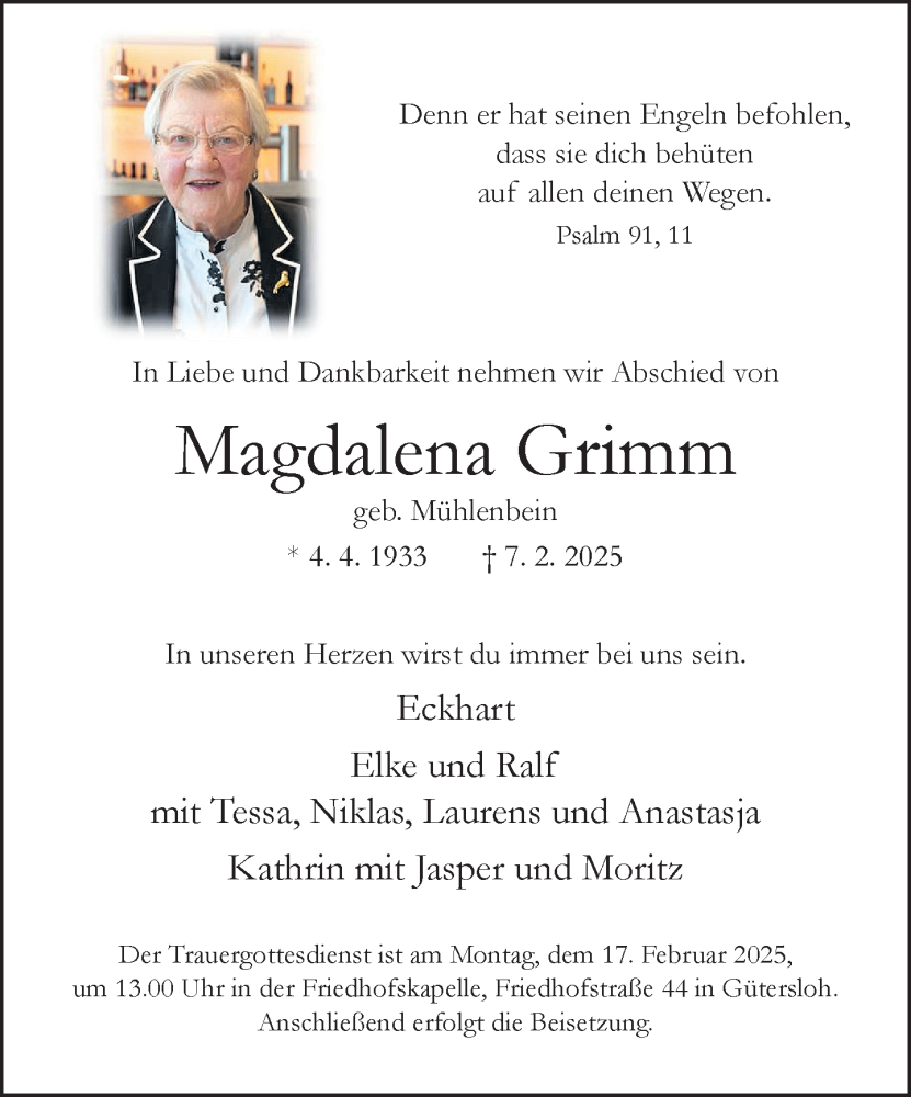  Traueranzeige für Magdalena Grimm vom 15.02.2025 aus Neue Westfälische und Westfalen-Blatt