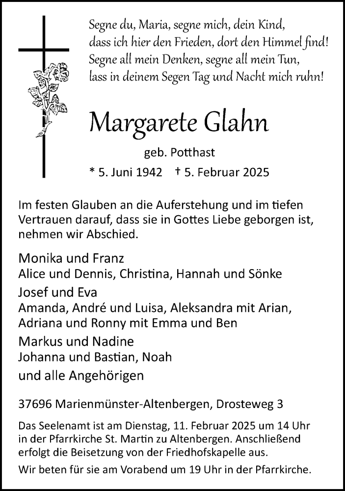  Traueranzeige für Margarete Glahn vom 08.02.2025 aus Neue Westfälische und Westfalen-Blatt