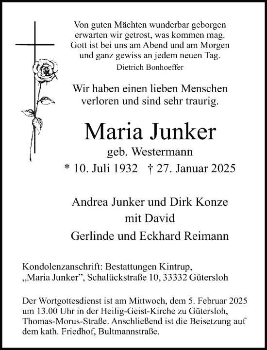 Traueranzeige von Maria Junker von Neue Westfälische und Westfalen-Blatt