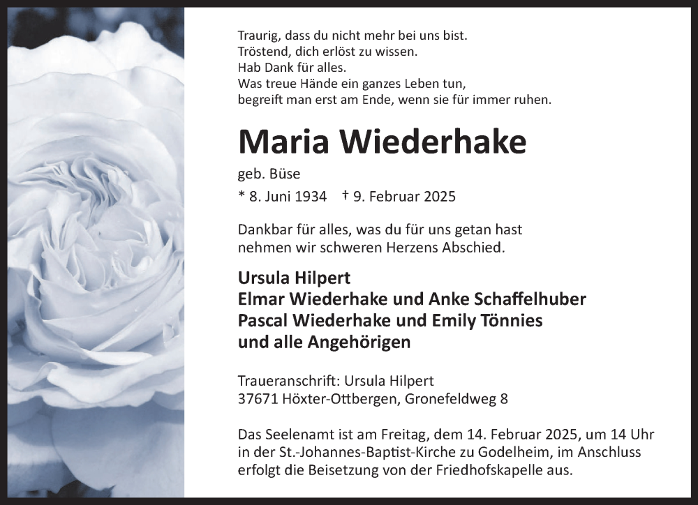  Traueranzeige für Maria Wiederhake vom 12.02.2025 aus Neue Westfälische und Westfalen-Blatt