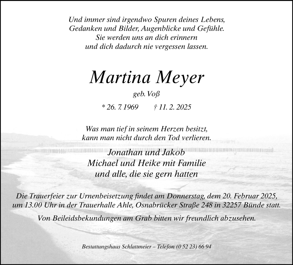  Traueranzeige für Martina Meyer vom 15.02.2025 aus Neue Westfälische und Westfalen-Blatt