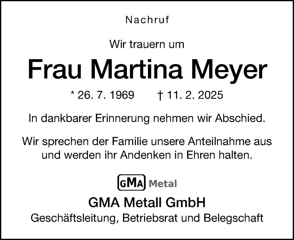  Traueranzeige für Martina Meyer vom 22.02.2025 aus Neue Westfälische und Westfalen-Blatt