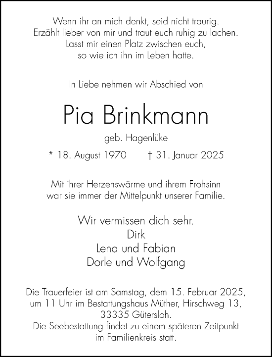 Traueranzeige von Pia Brinkmann von Neue Westfälische und Westfalen-Blatt