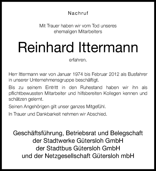 Traueranzeige von Reinhard Ittermann von Neue Westfälische und Westfalen-Blatt