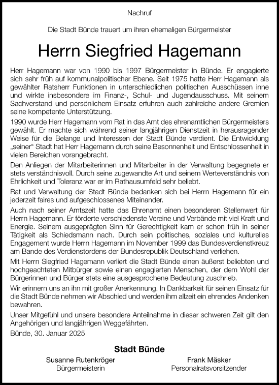 Traueranzeige von Siegfried Hagemann von Neue Westfälische und Westfalen-Blatt